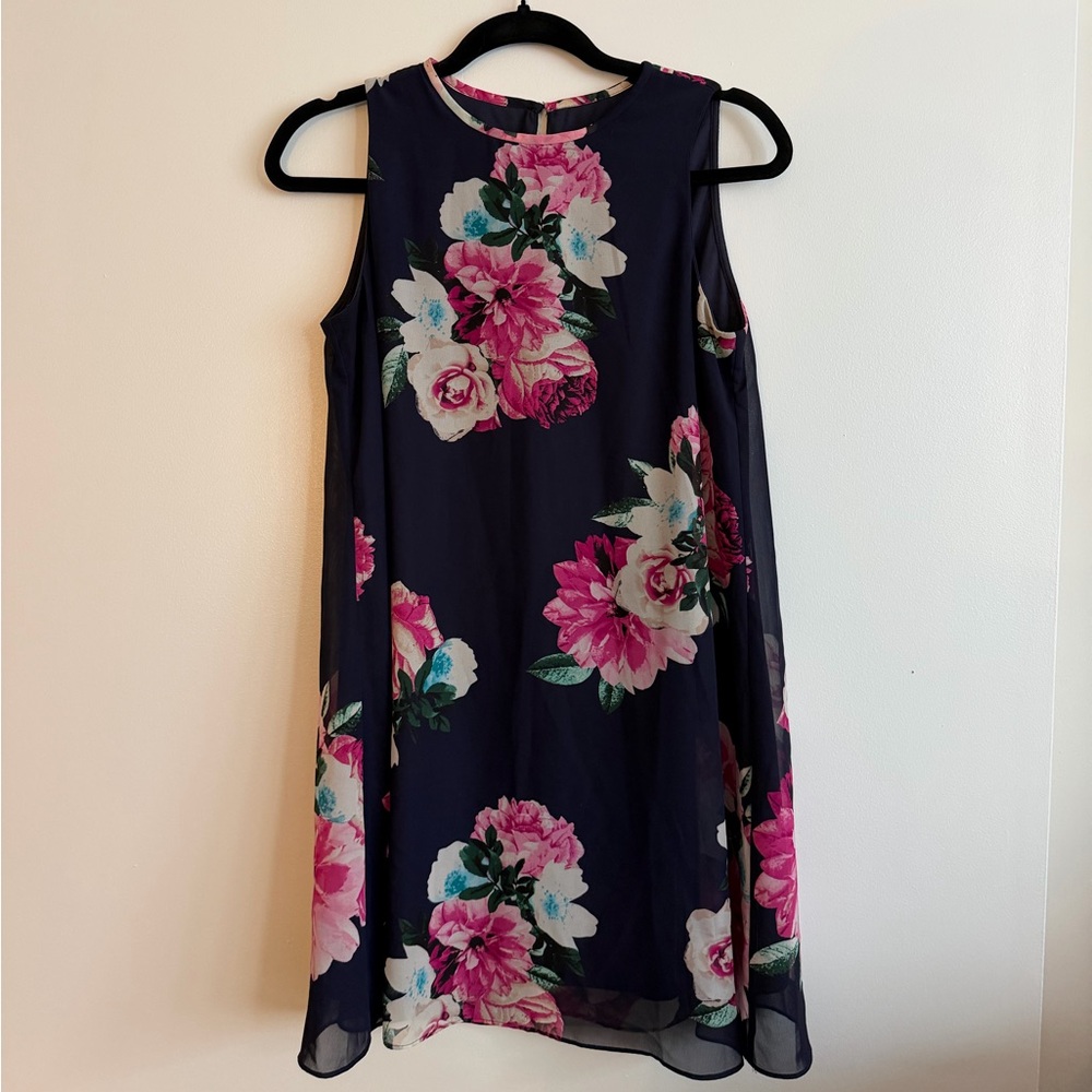 Navy Floral Sleeveless Shift Dress with Pink Roses